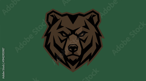Brown bear head logo on green background, focused image.