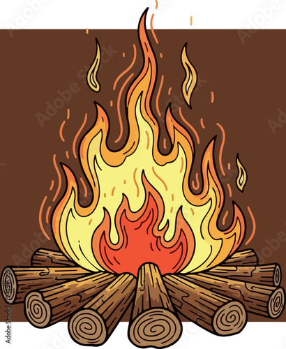 Burning campfire with flames and wooden logs illustration.