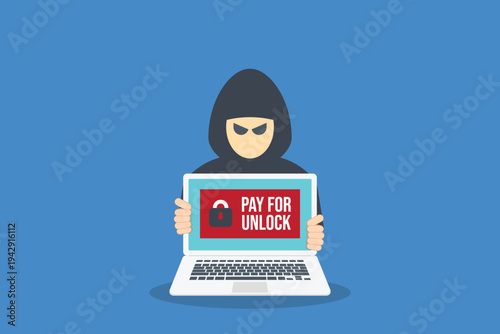 Ransomware Cyber Attack Concept – Hacker Demanding Payment to Unlock Laptop, Malware Cybercrime, Data Encryption Extortion, Cybersecurity Threat Vector Illustration