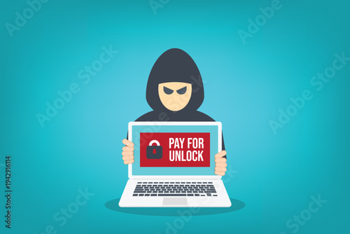 Ransomware Cyber Attack Concept – Hacker Demanding Payment to Unlock Laptop, Malware Cybercrime, Data Encryption Extortion, Cybersecurity Threat Vector Illustration