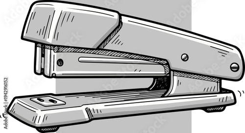 Close-up of a silver stapler on a white background, office supply.