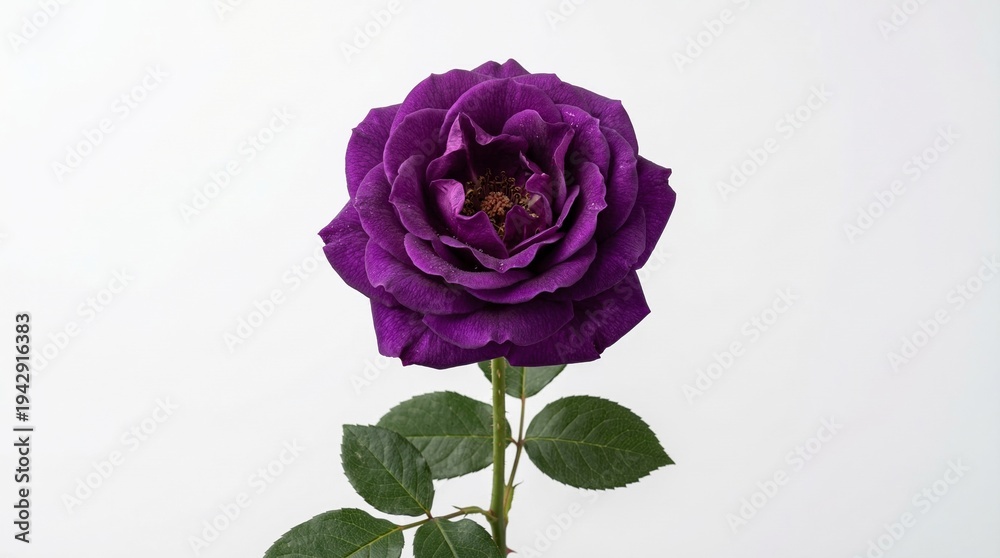 Fototapeta premium Rosa morada en plena floración aislada sobre fondo blanco neutro con iluminación de estudio. Imagen elegante y minimalista que simboliza misterio, elegancia y belleza natural.