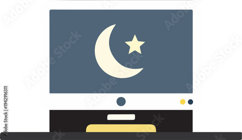 Computer screen displaying a crescent moon and a star, night time.
