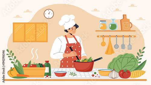 Female chef cooking healthy ingredients in kitchen with vegetables and utensils