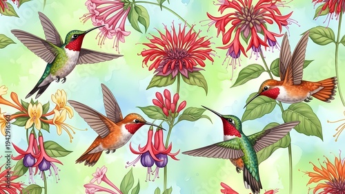 Hummingbirds and Exotic Flowers Seamless Watercolor Botanical Pattern