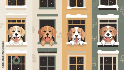 Three beagle dogs looking out of windows in colorful building facade on snowy day