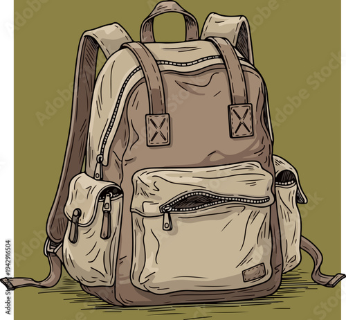Detailed illustration of a brown backpack with multiple pockets and straps.