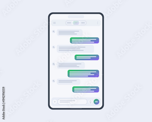 Minimal mobile chat UI with AI bot dialogue, message bubbles and voice input. Modern smartphone app template for chatbot support, online messaging and digital assistant service.