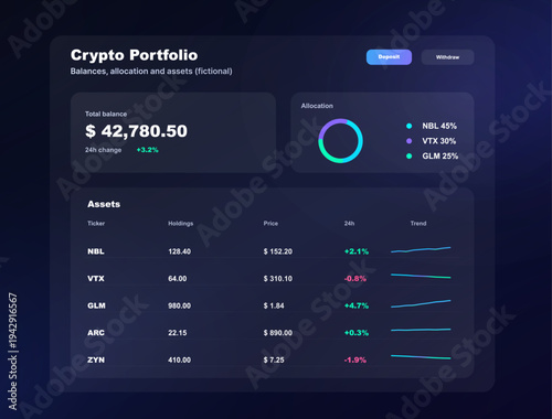 Dark crypto portfolio dashboard UI with balance card, allocation donut chart and asset table. Modern trading platform mockup for cryptocurrency investment, market analytics and portfolio tracking.