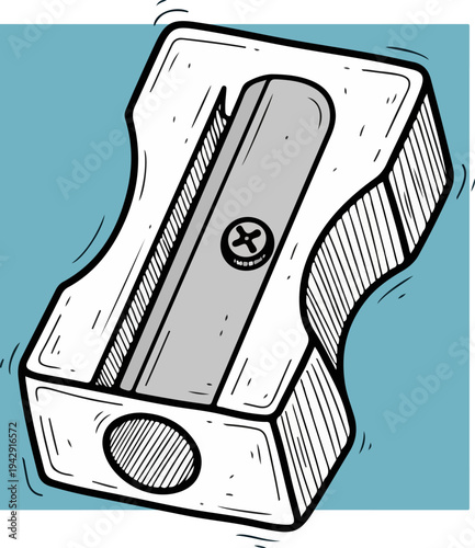 Detailed illustration of a pencil sharpener on a blue background.