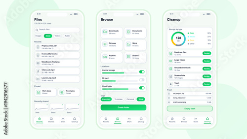 File manager app UI screens with recents, folder browse and storage cleanup. Modern mobile interface template for files, cloud sync, memory usage, duplicate removal and productivity.