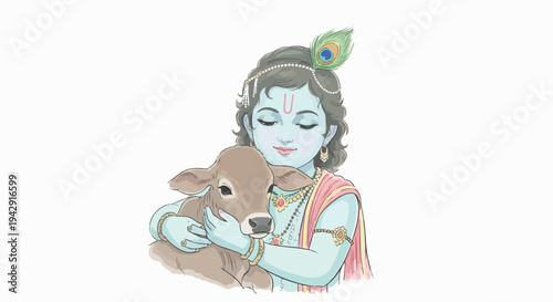 Illustration of Krishna holding a calf with a serene expression against a clean white background with vibrant traditional Indian attire.