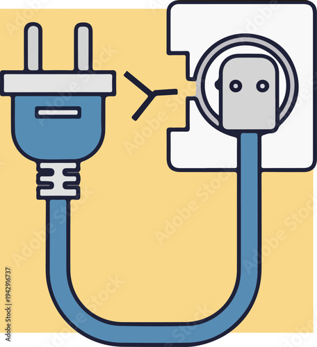 Electrical plug and socket connection illustration on yellow background.
