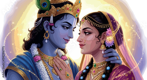 Illustration of Radha and Krishna in a traditional Indian attire with ornate jewelry and headpieces, facing each other with a halo background.