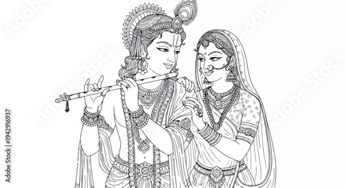 Line drawing of a man playing a flute with a woman standing beside him in traditional Indian attire against a plain white background.