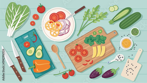 Colorful kitchen workspace with fresh vegetables and cutting boards on a light blue background for food preparation