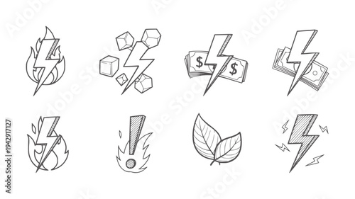 Collection of eight hand drawn sketchy representing energy finance nature and danger