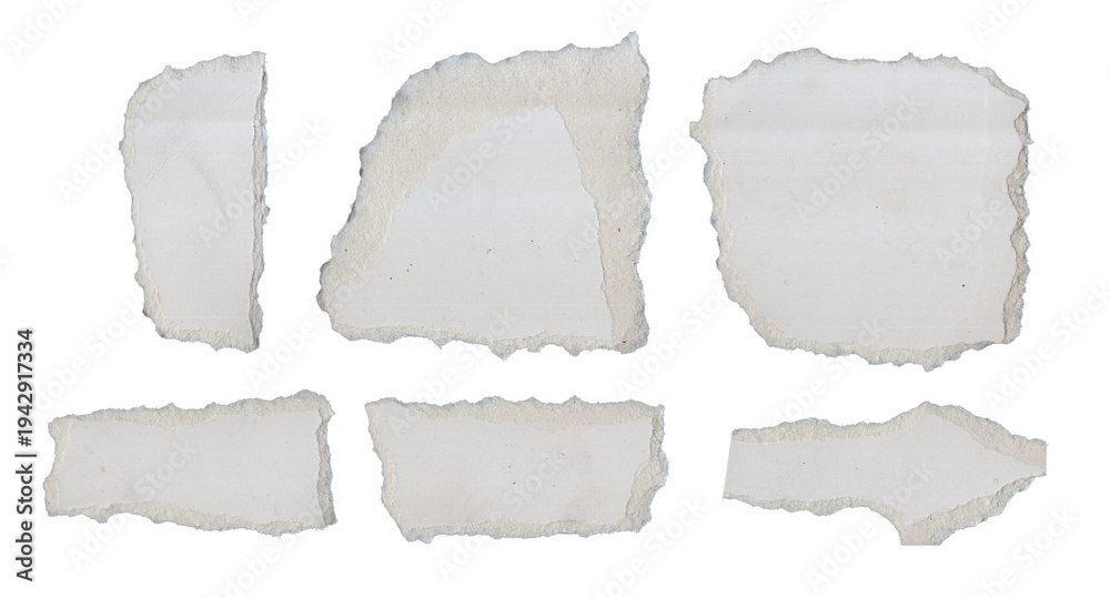 Fototapeta premium White paper scraps with rough torn edges, Collection of isolated irregular random cardboard shapes, Decorative collage elements for creative and minimalist mockup design