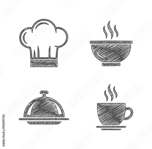 Four dark grey sketched chef hat hot bowl covered dish and coffee cup cooking food