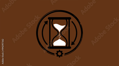 Hourglass within a circle, representing time and cycles, with gears.