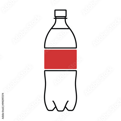 Clear plastic bottle with a red label and white cap, standing upright. isolated on white background, Vector, illustration