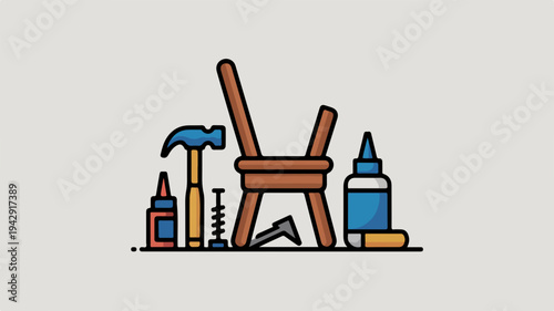 Broken chair with repair tools and supplies on a gray background diy furniture fixing concept with hammer screwdriver glue and nails