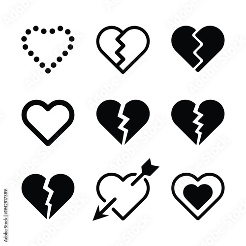 Nine black heart icons with various designs and styles in a 3x3 grid isolated on white background, Vector, illustration