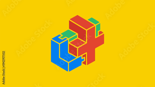 Isometric 3D geometric shapes in vibrant primary colors on yellow background.