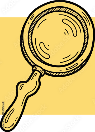 Magnifying glass illustration on a yellow background, detailed drawing.
