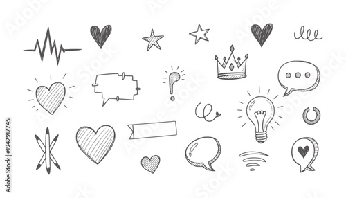 Hand drawn doodle including hearts lightbulb crown and speech bubbles