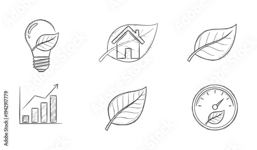 Hand drawn eco friendly light bulb house leaf graph meter lightbulb