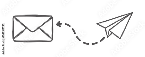 Hand drawn envelope and paper airplane with dashed arrow line mail message