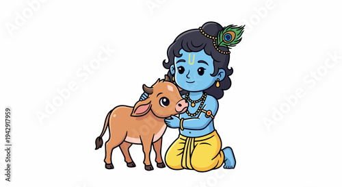 Illustration of a blue-skinned Krishna character kneeling and petting a brown calf with a peacock feather on his head, against a clean white background with a serene and cultural mood.