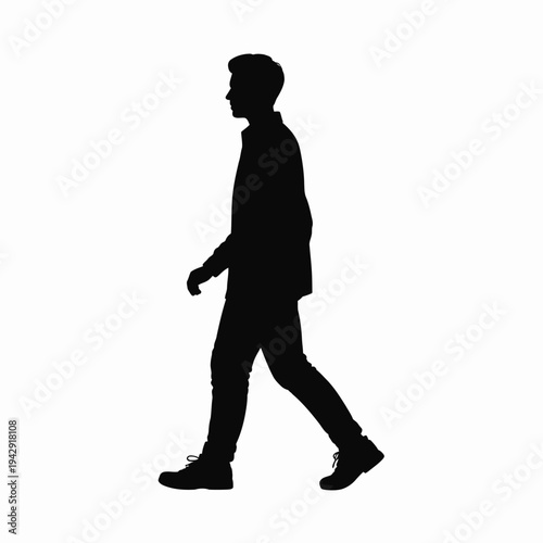 A silhouette of a person walking with a backpack and a hat. isolated on white background, Vector, illustration