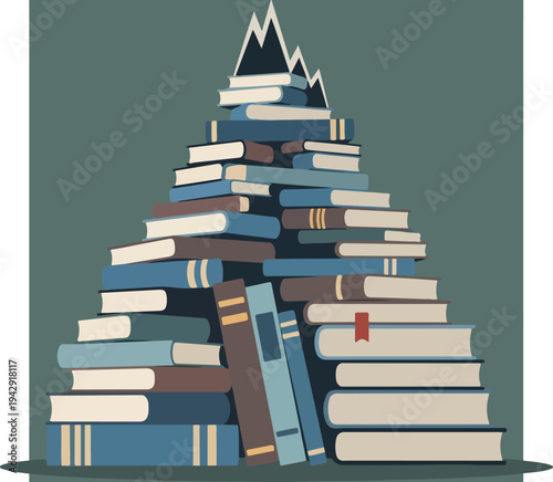 Pile of Books Forming a Mountain Peak Symbolizing Knowledge and Learning.