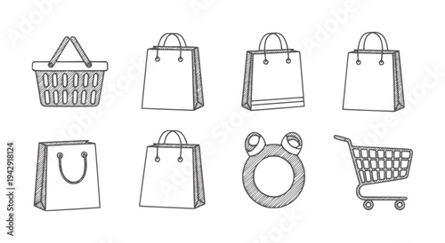 Hand drawn shopping basket bags and cart with frog face circle