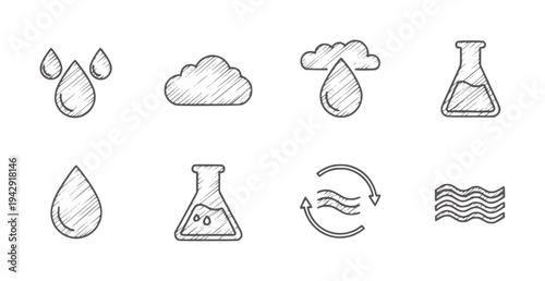 Hand drawn water science drops flasks clouds waves and cycle