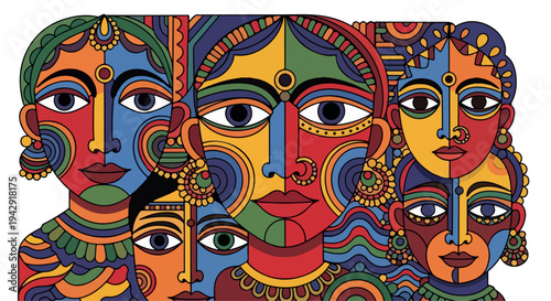 Vibrant illustration of multiple stylized female faces with intricate designs and patterns in various colors against a white background.