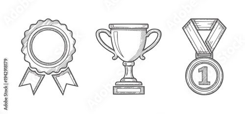 Hand drawn trophy medal ribbon white first prize