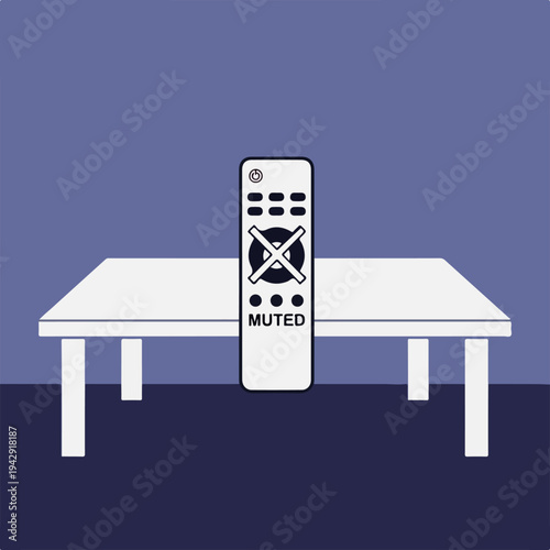 Remote control with mute symbol placed on a white table.