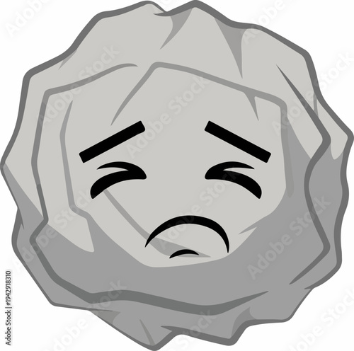 Sad crumpled paper ball with closed eyes and downturned mouth.