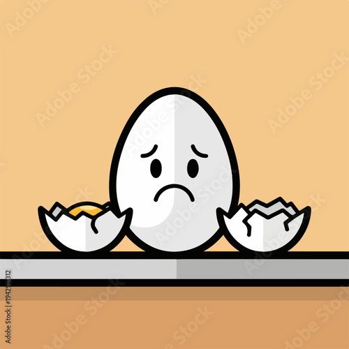 Sad egg with broken shell, feeling lonely and isolated on a shelf.