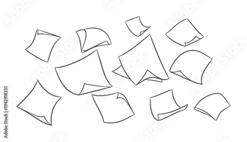 Scattered loose paper sheets floating and tumbling in air