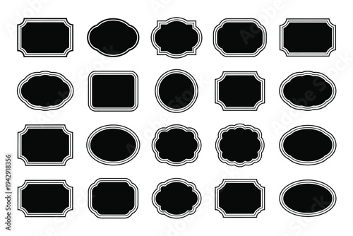 A collection of black and white abstract geometric shapes arranged in a grid pattern isolated on white background, Vector, illustration