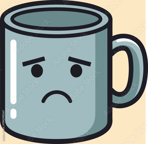 Sad mug with a handle and a face, looking unhappy and blue.