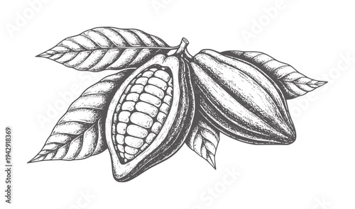 Of cocoa pods with leaves in a vintage style cacao fruit bean
