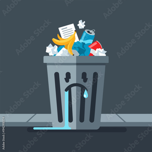 Sad overflowing trash can on the sidewalk with garbage.