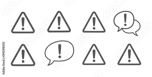 Set of grey warning signs with exclamation marks and speech bubbles alert attention