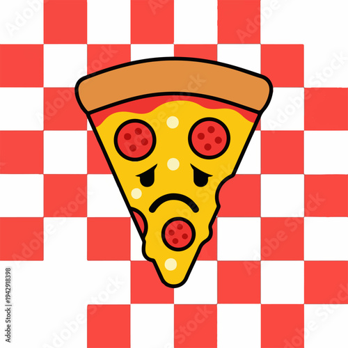 Sad Pizza Slice with Pepperoni on a Red and White Checkered Background.