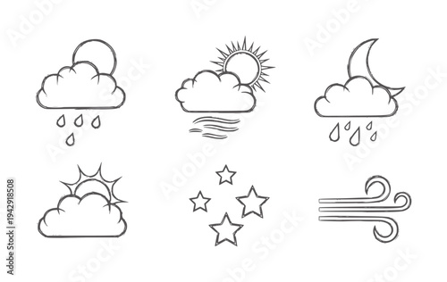 Six hand drawn weather showing sun rain moon wind and stars cloud